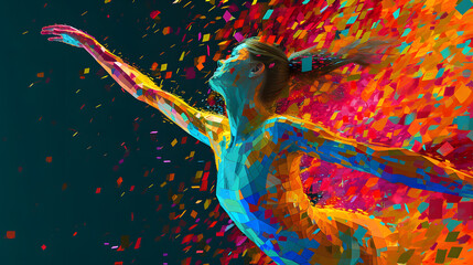 Immerse yourself in dynamic blend of small, colorful tiles, forming an ARTISTIC GYMNASTICS image with vibrant energy, embodying the spirit of Olympics
