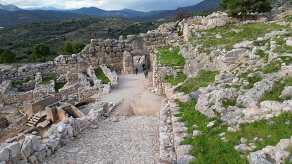 Fototapeta na wymiar Aerial view by drone of archaeological site of ancient citadel of , north-eastern Peloponnese, Greece - Greek settlement of the 12th century BC. e. with the ruins of the acropolis Agamennone 