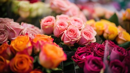 Bouquet of roses in the flower market