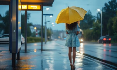A woman standing on a sidewalk holding an umbrella - obrazy, fototapety, plakaty