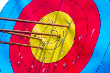 Many arrows hitting the archery target, bulls eye