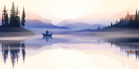 Fisherman in a boat on a mountain lake at dawn, fog and forested shores, vector drawing