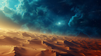 A surreal desert landscape with shifting dunes that transform into cosmic nebulae, blurring the...