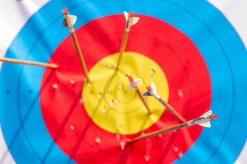 Many arrows hitting the archery target, bulls eye