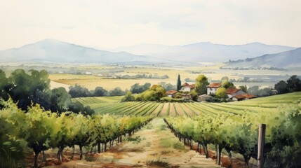 A picturesque vineyard with rows of grapevines and hills in the backdrop. landscape watercolor...