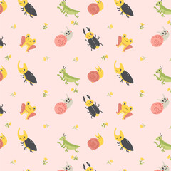 cute insects characters on pink background. Vector illustration in Hand drawn flat style. Beetle and snail insects, grasshoper. Trendy design. 