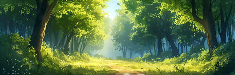 Horizontal illustration of a green summer forest on a sunny day. International Day of Forests