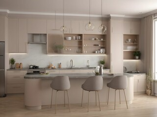 modern interior design. 3D rendering of the kitchen. Front view.