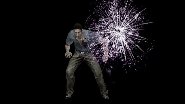 The zombie breaks the glass. Attack of aggressive zombies. Realistic 3D animation.