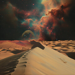 A surreal desert landscape with shifting dunes that transform into cosmic nebulae, blurring the line between the earthly and the extraterrestrial