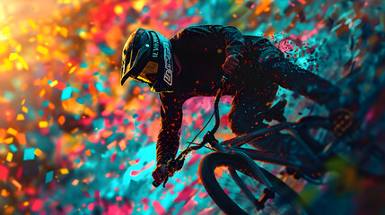 Immerse in the precision of BMX FREESTYLE with a neon mosaic, assembling small, colorful tiles to capture the dynamic movement and spirit of this Olympic sport. - obrazy, fototapety, plakaty