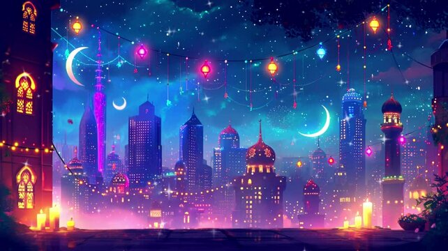 Ramadan Kareem scene with a city skyline, loop video background animation, cartoon anime style, for vtuber / streamer backdrop