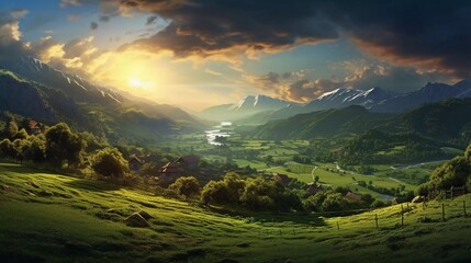 realistic photo Extraordinary beautiful mountain nature in beautiful hills, colorful forest sky. generative ai - obrazy, fototapety, plakaty