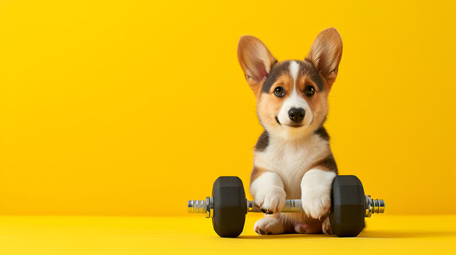 Cute puppy dog doing sports exercise with dumbbell on yellow background, copy space, generative ai