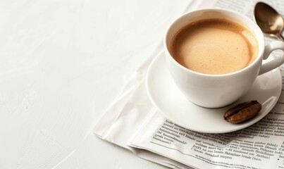 Cup of coffee in white cup on table with white blanket. Coffee theme.