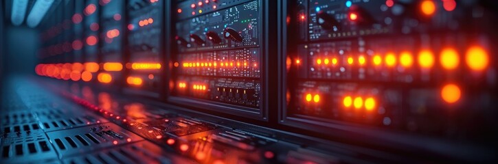 A close-up of a mining rig in a dark room, with LED lights flickering from processing transactions