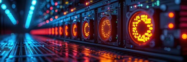 A close-up of a mining rig in a dark room, with LED lights flickering from processing transactions