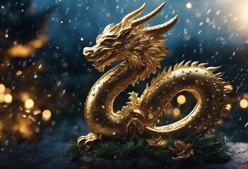 A Golden dragon standing in front of temple. Happy New Year 2024.