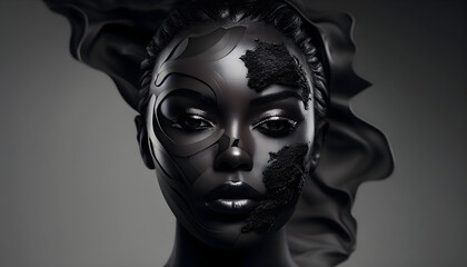 Preparing cosmetic black mask on gray background. Generative AI.