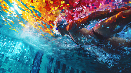 Immerse in the precision of SWIMMING with a neon mosaic, assembling small, colorful tiles to capture the dynamic strokes and aquatic grace of this Olympic water sport. - obrazy, fototapety, plakaty