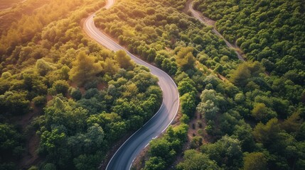 Fototapeta premium Bird's eye view of driving on a winding road.