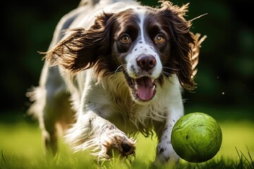 dog playing with a ball,tennis ball yellow,cocker spaniel running in a wheat field, open mouth, developing ears, cheerful dog running fast, looking at the frame,spots on paws,splashing water