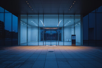 Modern building entrance with glass walls and lighting system.