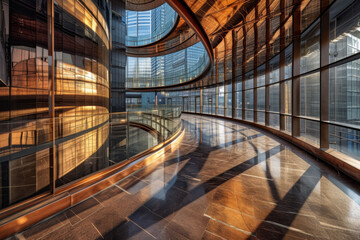 An office building with a curving ceiling.
