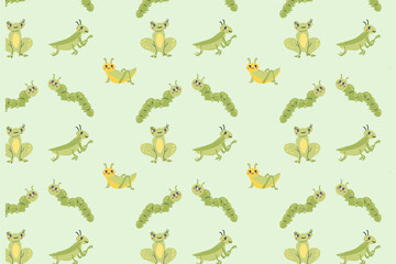 Fototapeta premium Cute frog and caterpillar, grasshoper insects pattern. Vector illustration on green background. Can used for summer, spring wallpapers, cover design. 