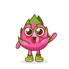 A happy dragonfruit waving its hands. Cute funny dragon fruit fruit waving hand character