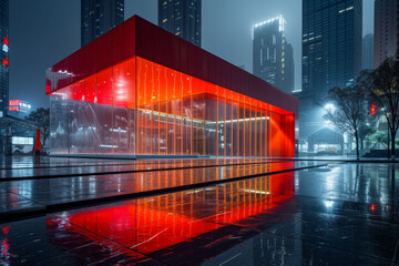 A red building is lit up by rain.