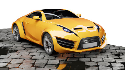 3D render of an orange sports car with a transparent background. Unbranded conceptual design. - 727139951