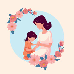 mother and daughter with flower frame flat illustration