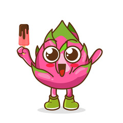 Cute smiling cartoon style dragon fruit fruit character holding in hand ice cream, popsicle.