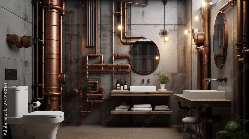 Wall mural An industrial-style bathroom with exposed pipes, concrete walls, and Edison bulb lighting Generative AI - Wall murals