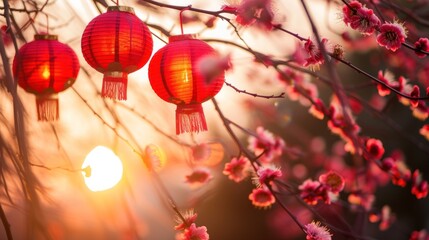 Chinese New Year red lantern with blooming branches