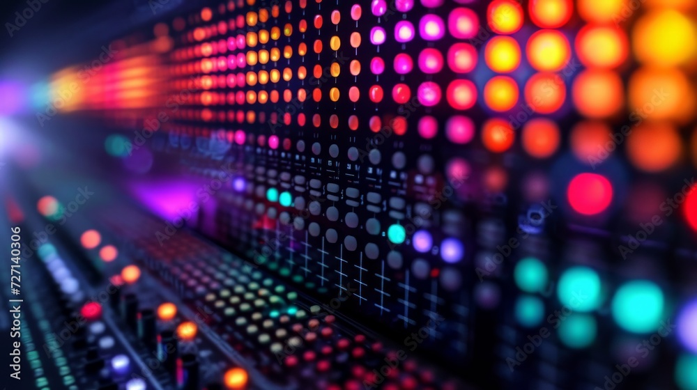 Poster Audio equalizer board adorned with rows of luminous lights, reacting dynamically to the audio input, creating a lively and captivating display Generative AI