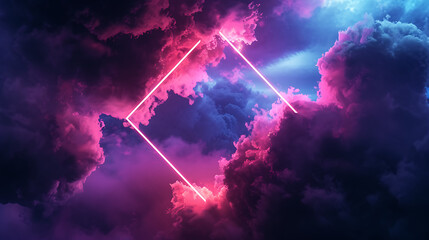a surreal night sky as neon geometric shapes intertwine with stormy clouds, forming a rhombus frame with captivating copy space.
