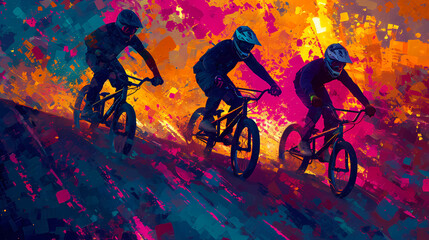 Experience Neon Velocity Fusion&mdash;a dynamic mosaic capturing the Olympic thrill of BMX RACING with speed, agility, and vibrant colors.