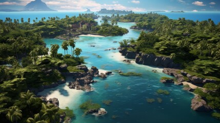 Bird's eye view showcasing an enchanting tropical island chain featuring lush palm groves, secluded coves, and shallow crystalline waters perfect for snorkeling. photorealistic Generative AI - obrazy, fototapety, plakaty