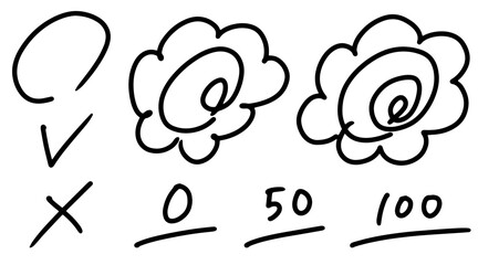 花丸やバツなど採点の手書きアイコンセット(黒)