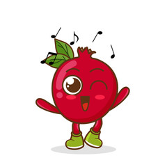 pomegranate Fruit cartoon mascot character Listening music. Cute pomegranate cartoon character dances to music