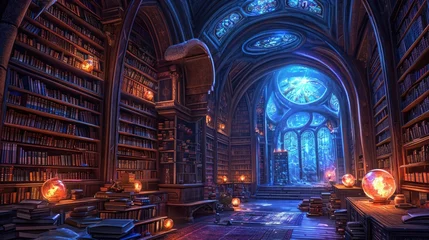Photo sur Plexiglas Vieil immeuble An ancient library filled with magical books, glowing orbs, and mystical artifacts. Shelves reach up to a high, vaulted ceiling, with soft light filtering through stained glass windows. Resplendent.