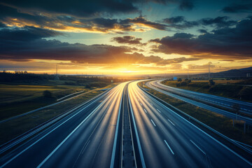 Highway on a sunny evening, with a dramatic sky ahead.