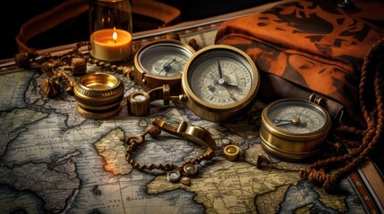 Fototapeta na wymiar old compass and map