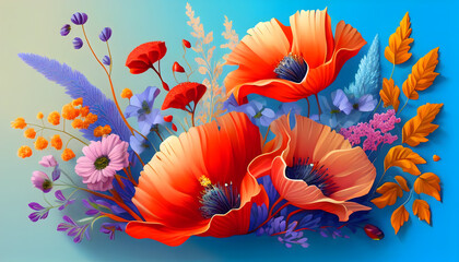 Romantic ornament of vivid summer flowers on sky blue background. For Mother's day, Birthday greeting banner, card. Red poppies, blue, orange and purple wild flowers. Generative AI. - obrazy, fototapety, plakaty