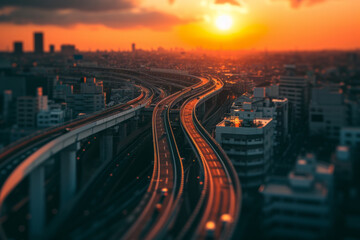 Fototapeta na wymiar This image shows a city with a highway at sunset.