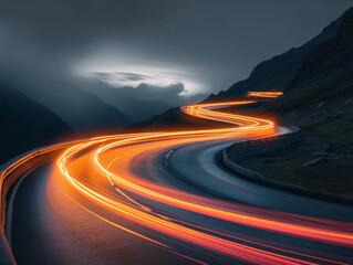 A road through a mountain landscape at night with bright light trails.