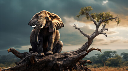 Elephant in the old forest, evening light, sun set. Magic wildlife scene in nature. African elephant in beautiful habitat.
