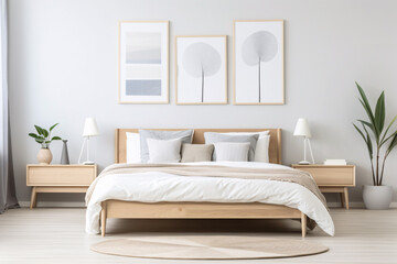 Obraz premium Stylish cozy beige grey and white bedroom interior design modern and minimal style, neutral colour bedroom.